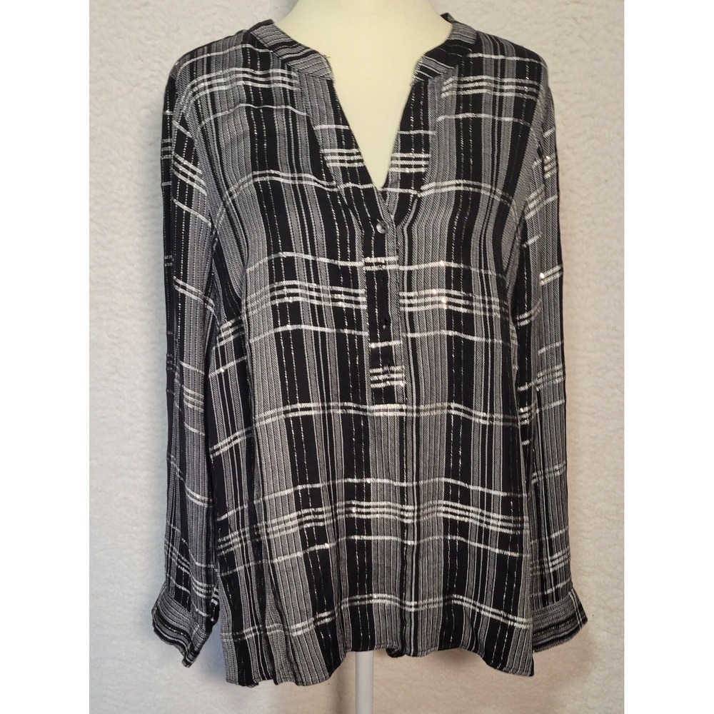 Lane Bryant Womens Shirt Size 14/16 Plaid Button-Up Long Sleeve Black White 1414